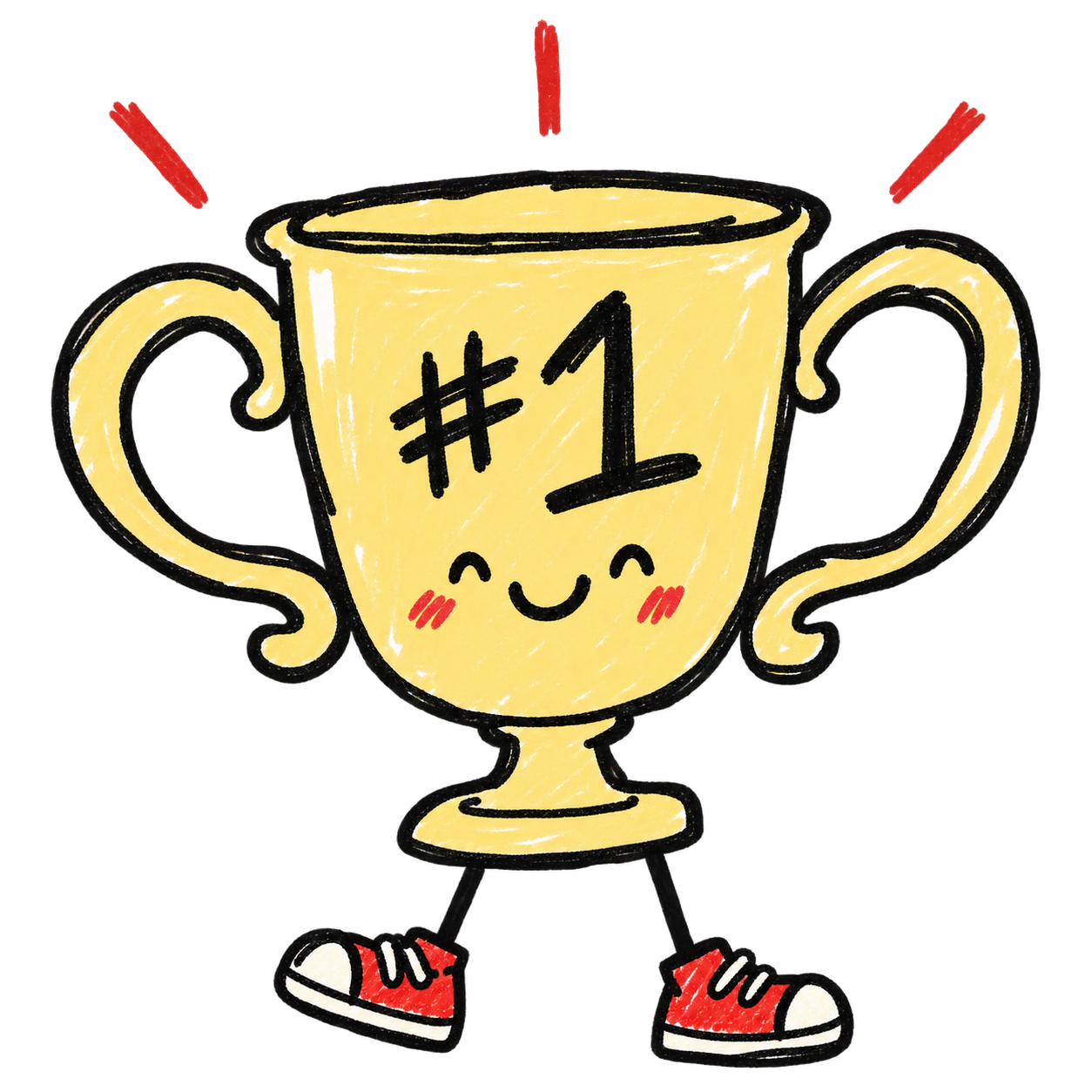 A smiling number one trophy wearing red sneakers